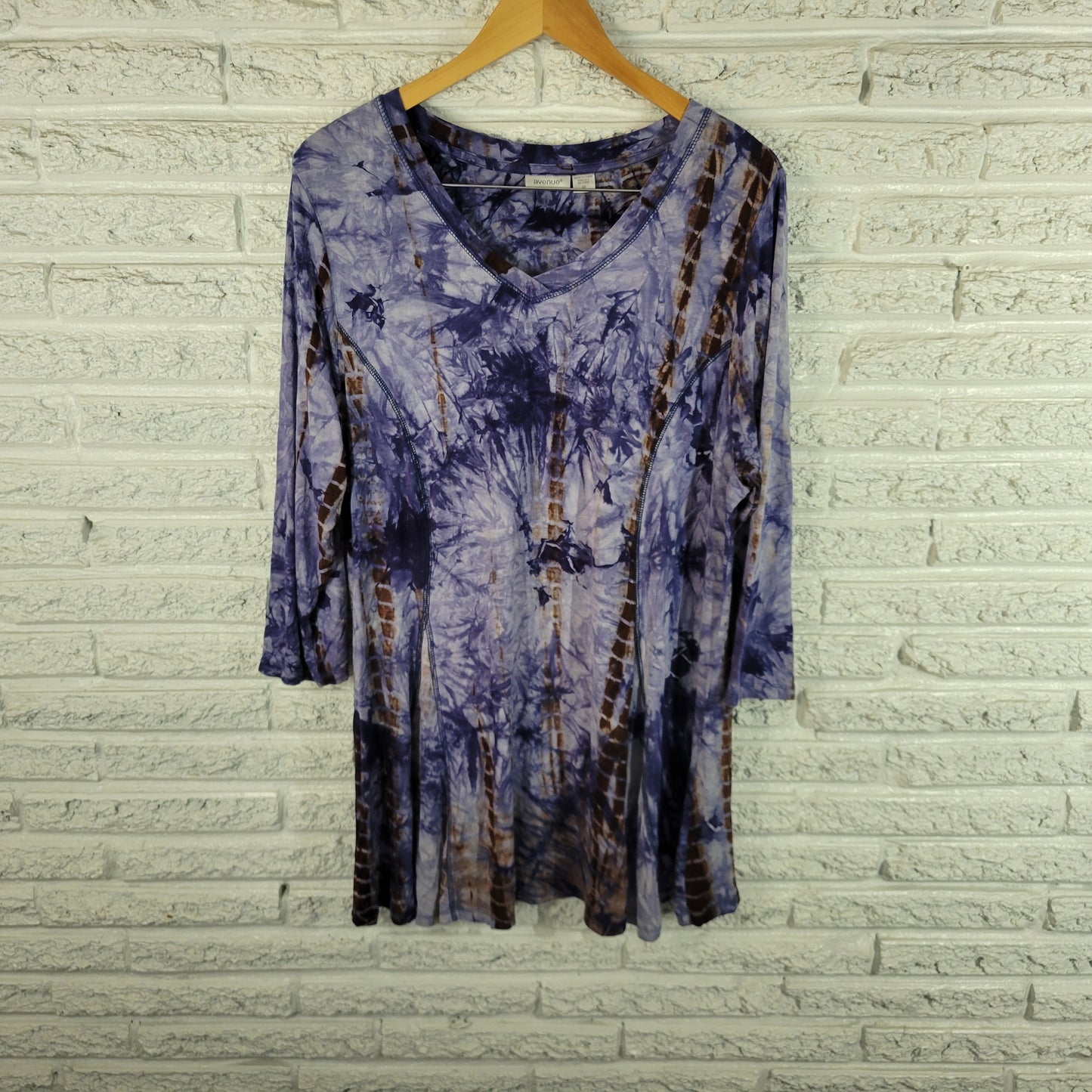Avenue Womens Tunic Top Size 20 Blue Tie Dye 3/4 Sleeve V Neck Casual TIE18E