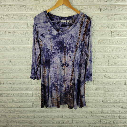 Avenue Womens Tunic Top Size 20 Blue Tie Dye 3/4 Sleeve V Neck Casual TIE18E