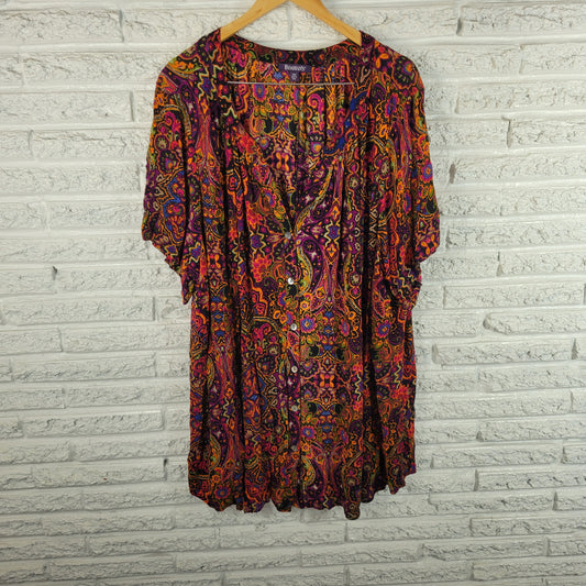 Roamans Womens Top Size 30W Multicolor Floral V Neck Short Sleeve Button FLO170E