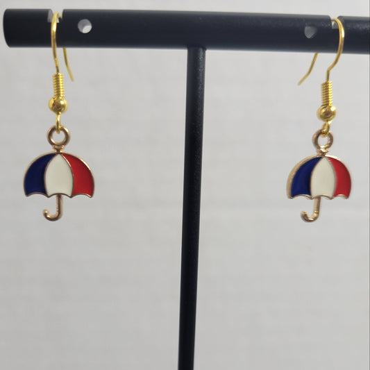 Patriotic Umbrella Dangle Earrings Red White Blue 4th of July USA Jewelry E129E
