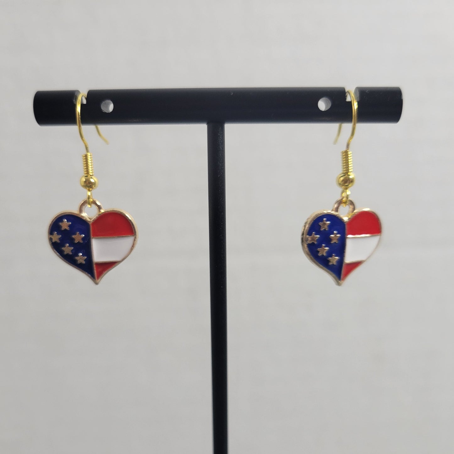 Patriotic US Flag Heart Dangle Earrings Red White Blue 4th of July Jewelry E128E