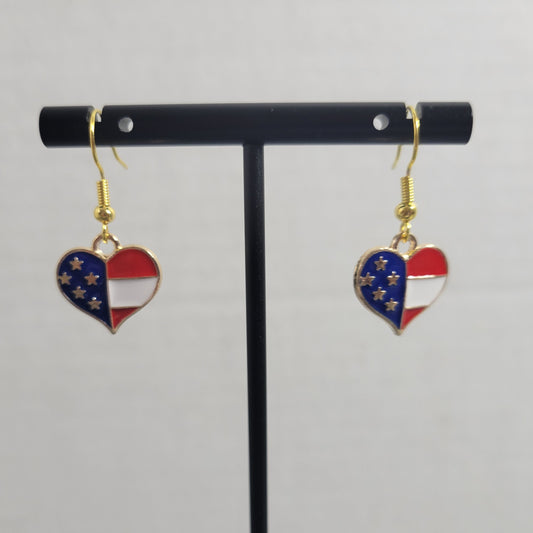 Patriotic US Flag Heart Dangle Earrings Red White Blue 4th of July Jewelry E128E