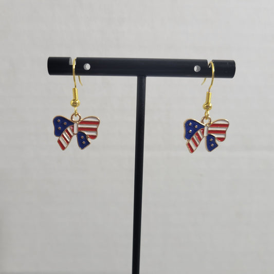 Patriotic US Flag Bow Dangle Earrings Red White Blue 4th of July Jewelry E127E