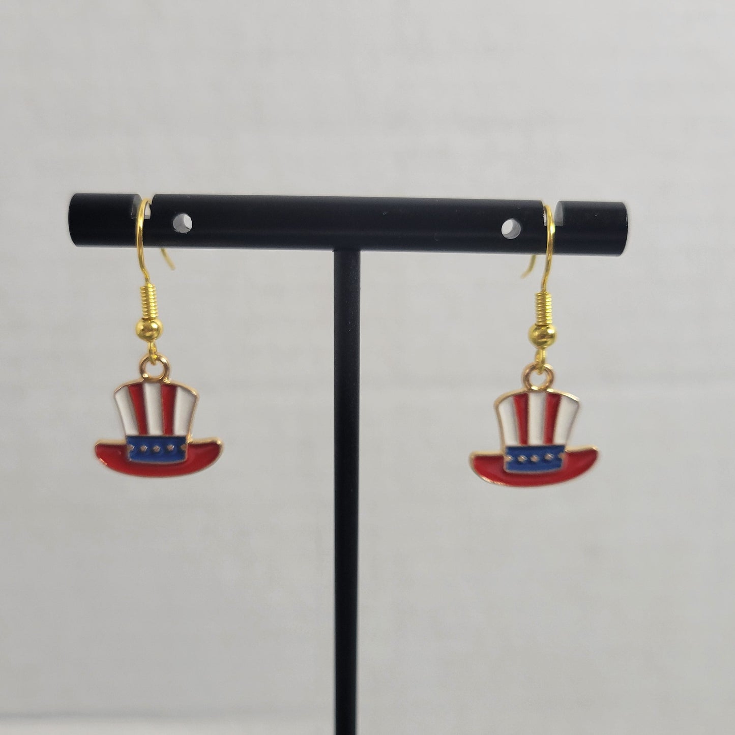 Patriotic Uncle Sam Hat Dangle Earrings Red White Blue 4th of July Jewelry E125E