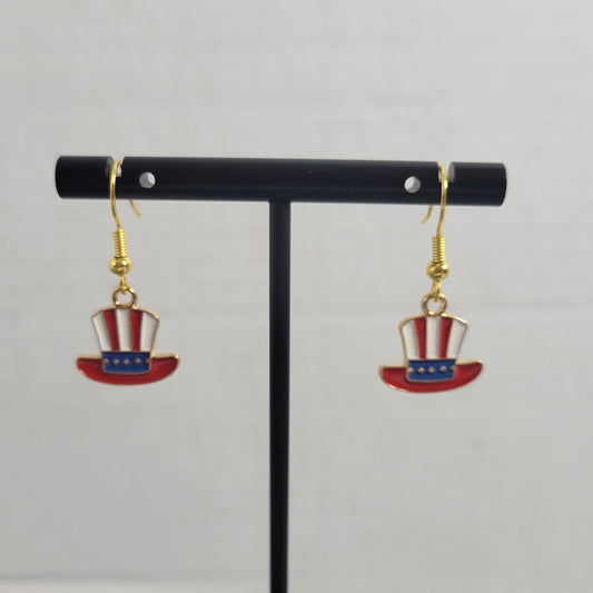 Patriotic Uncle Sam Hat Dangle Earrings Red White Blue 4th of July Jewelry E125E