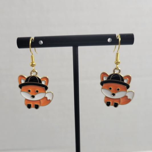 Cute Fox Dangle Earrings Gold Tone Fall Autumn Hat Woodland Animal Gift E124E