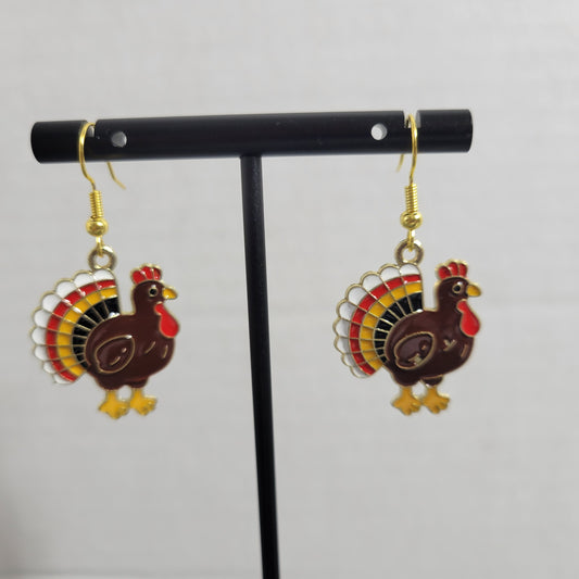 Thanksgiving Turkey Dangle Earrings Gold Tone Fall Autumn Harvest Holiday E121E