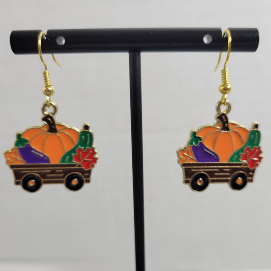Pumpkin Wagon Dangle Earrings Gold Tone Fall Autumn Harvest Thanksgiving E119E