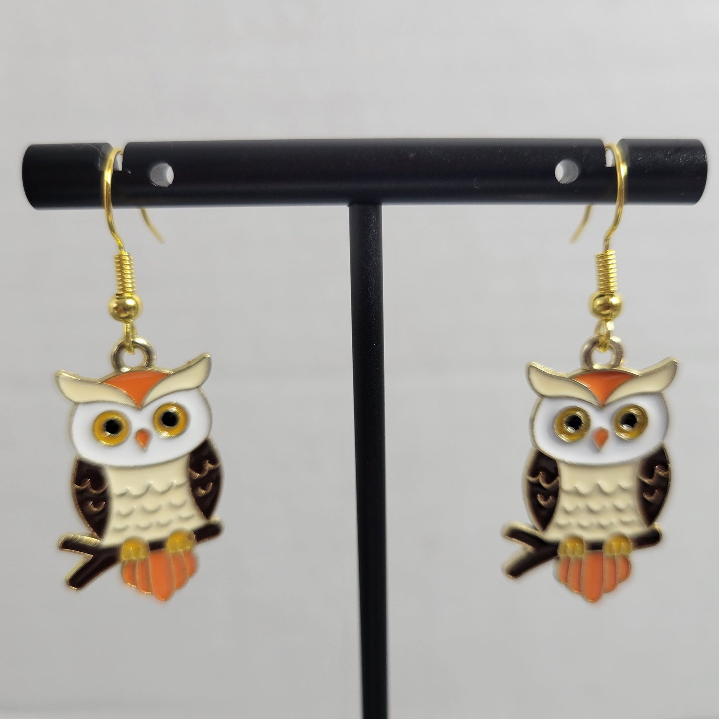 Fall Owl Dangle Earrings Gold Tone Autumn Halloween Thanksgiving Nature E117E