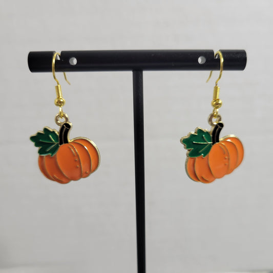 Orange Pumpkin Dangle Earrings Gold Tone Fall Autumn Halloween E115E