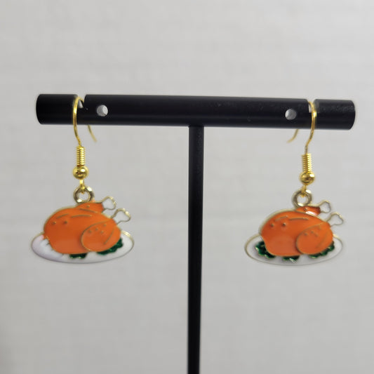 Thanksgiving Roasted Turkey Dangle Earrings Gold Tone Fall Autumn Feast E113E