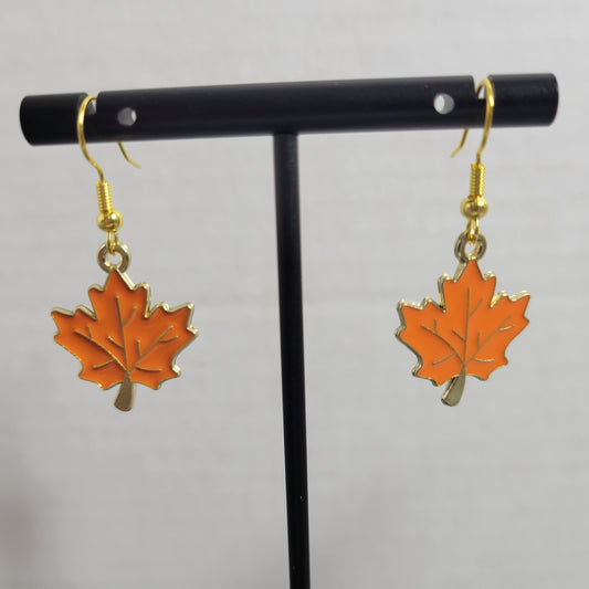 Orange Maple Leaf Dangle Earrings Gold Tone Fall Autumn Thanksgiving E111E