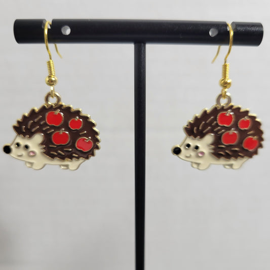 Hedgehog Apple Earrings Gold Tone Fall Autumn Woodland Animal Cute Enamel E111E