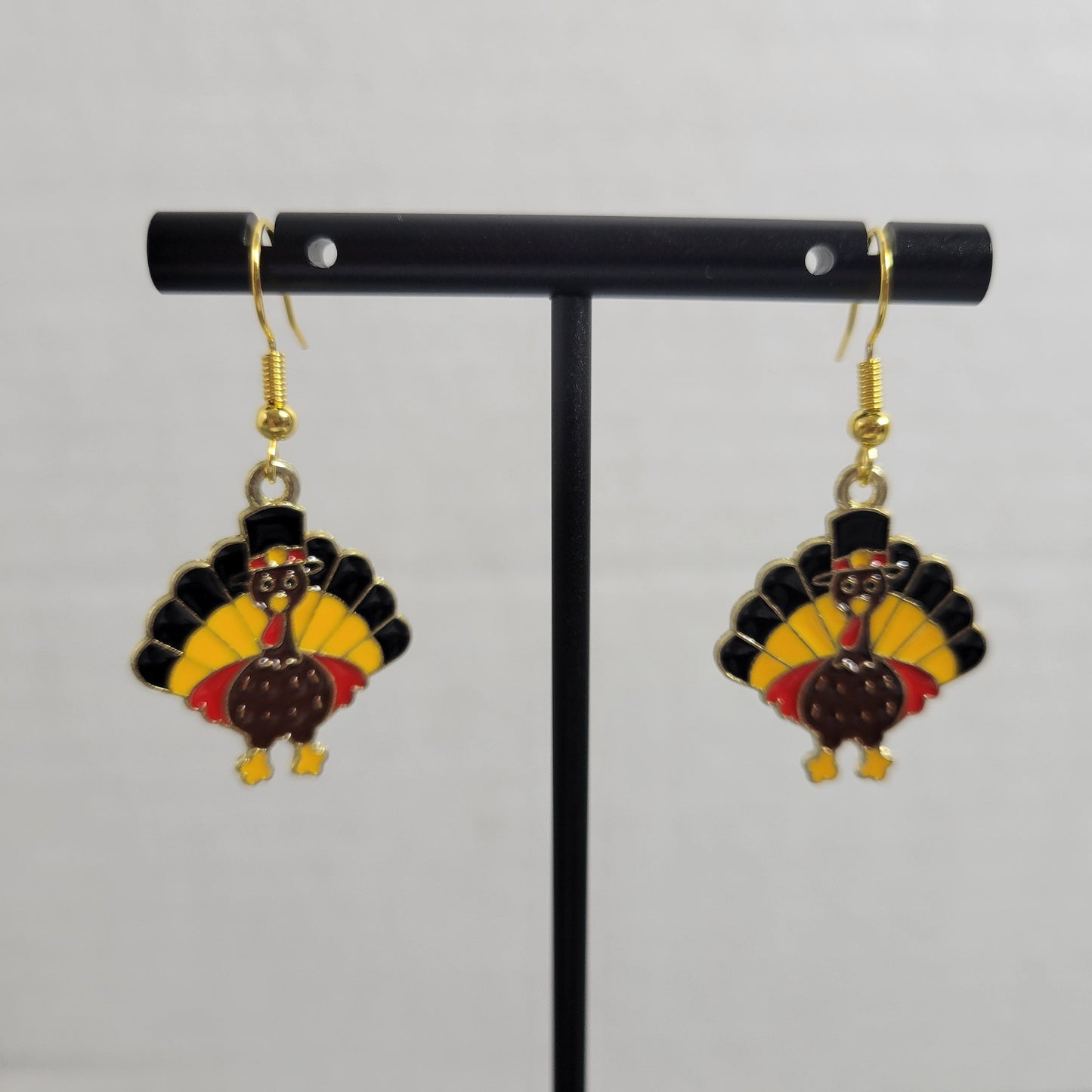 Turkey Dangle Earrings Gold Tone Thanksgiving Pilgrim Fall Autumn Enamel Jewelry