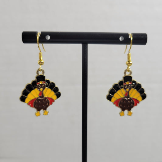 Turkey Dangle Earrings Gold Tone Thanksgiving Pilgrim Fall Autumn Enamel Jewelry