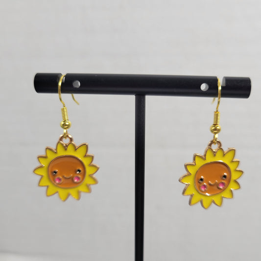 Cute Sunflower Dangle Earrings Happy Face Enamel Summer Floral Gold Tone E108E