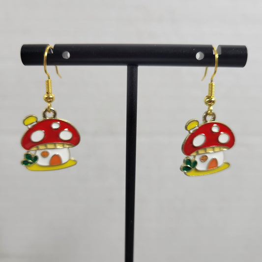 Cute Mushroom House Dangle Earrings Red Enamel Fairycore Toadstool Jewelry E52E