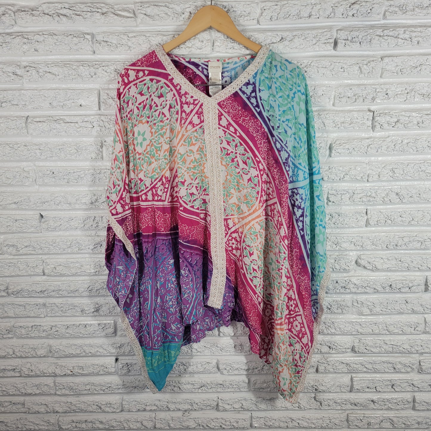 Chicos Womens L XL Floral Kimono Top Crochet Metallic V Neck Pullover FLO187E