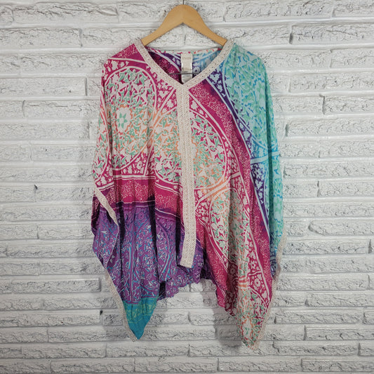 Chicos Womens L XL Floral Kimono Top Crochet Metallic V Neck Pullover FLO187E