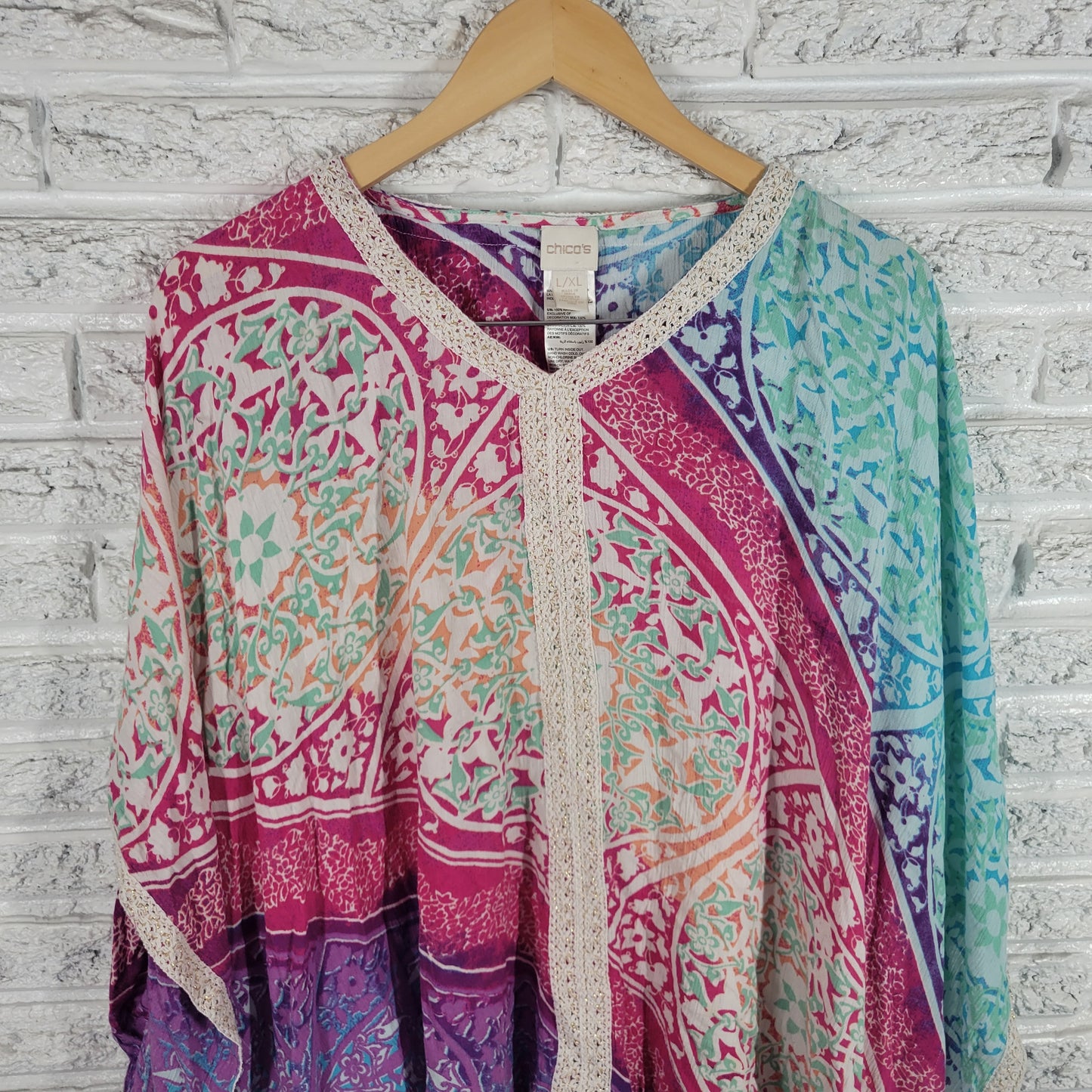 Chicos Womens L XL Floral Kimono Top Crochet Metallic V Neck Pullover FLO187E