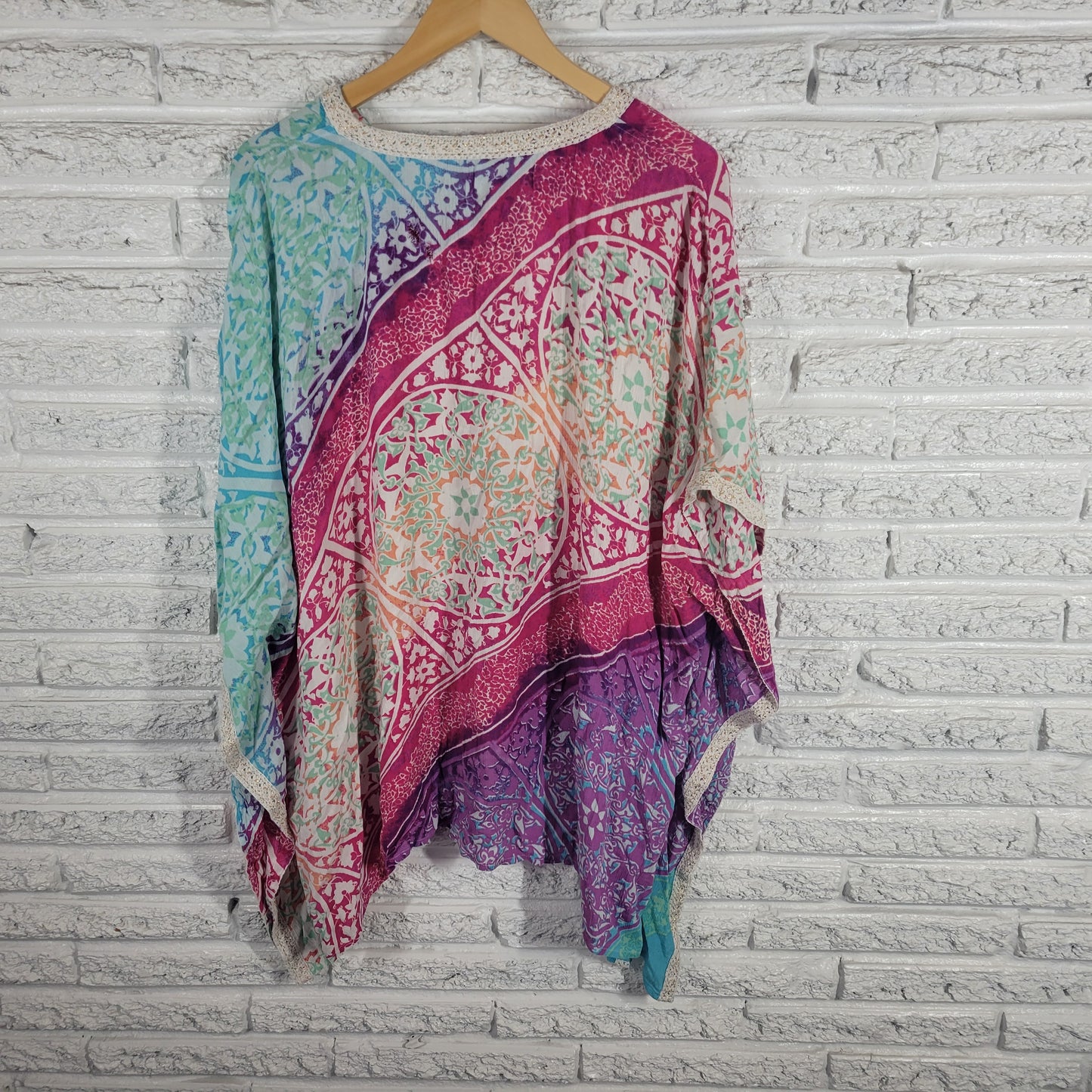 Chicos Womens L XL Floral Kimono Top Crochet Metallic V Neck Pullover FLO187E