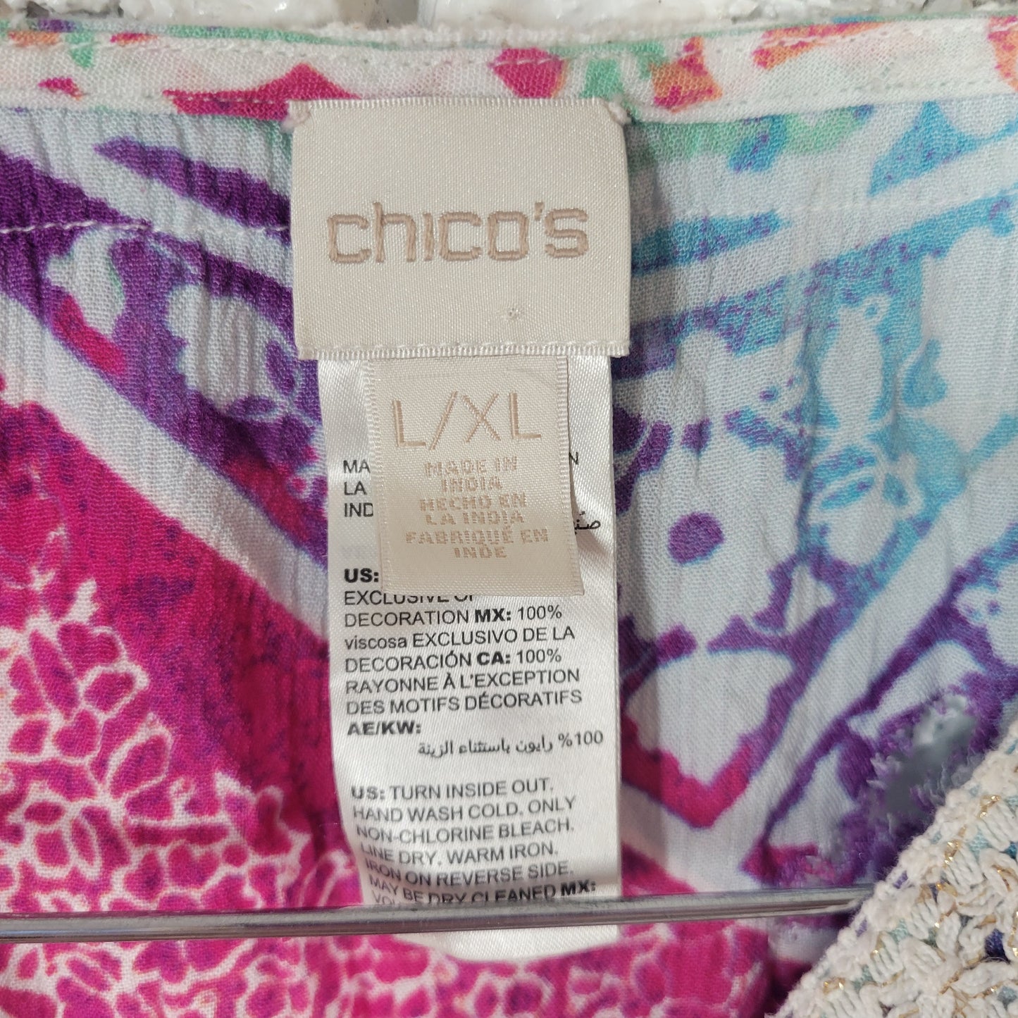 Chicos Womens L XL Floral Kimono Top Crochet Metallic V Neck Pullover FLO187E