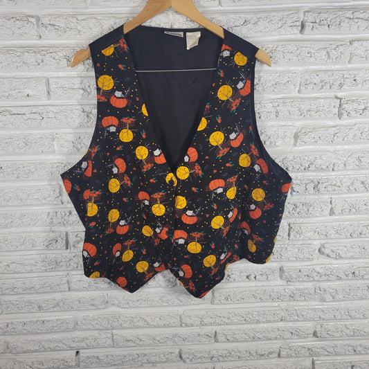 Basic Editions 24W Halloween Vest Black Orange Cotton Lined Button Up NOV72XE