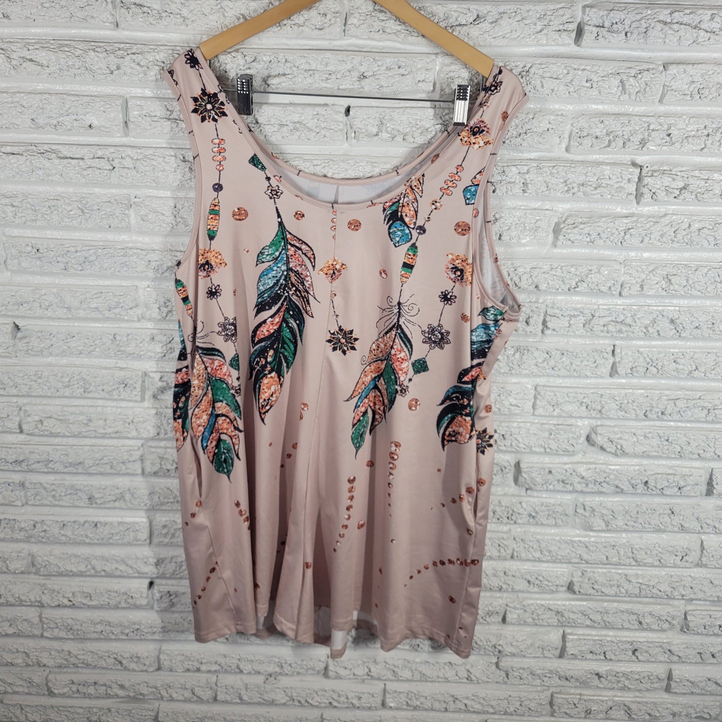 Emery Rose Womens 3XL Romper Multicolor Feather Print Sleeveless Pocket FLO185E