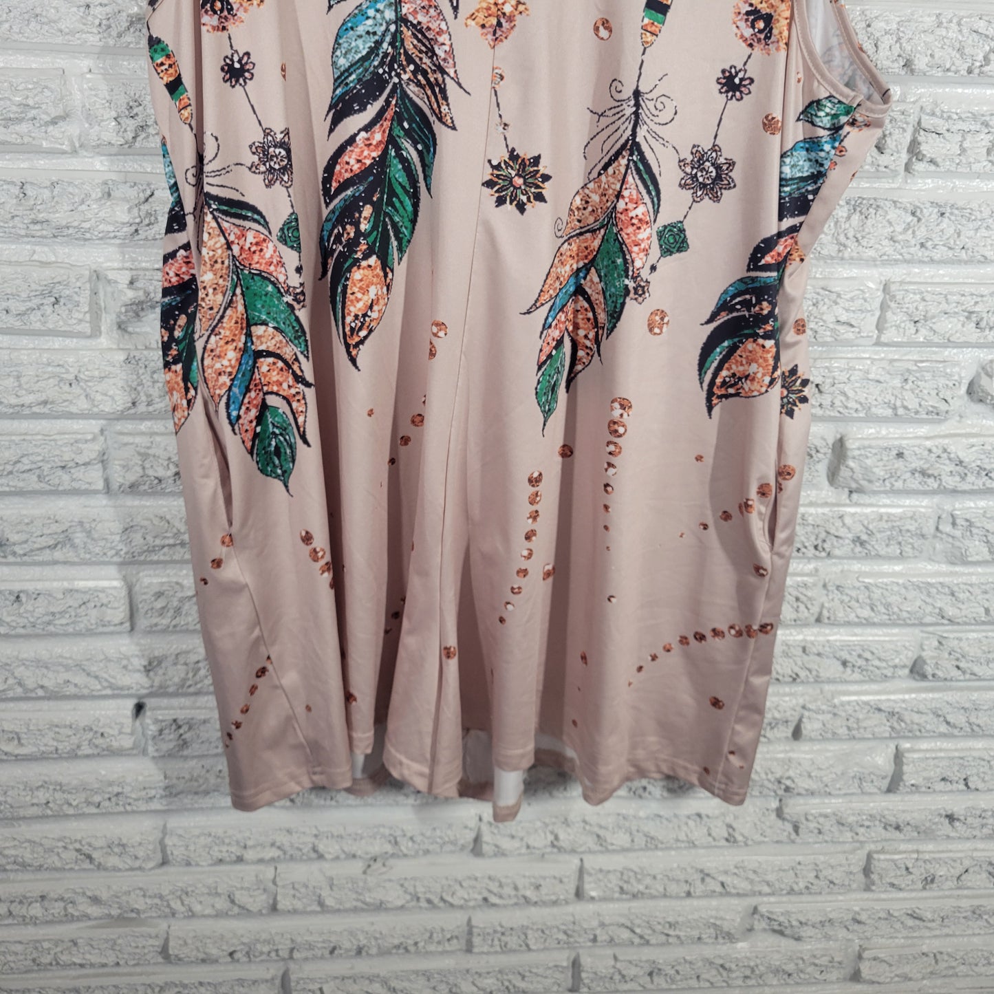 Emery Rose Womens 3XL Romper Multicolor Feather Print Sleeveless Pocket FLO185E
