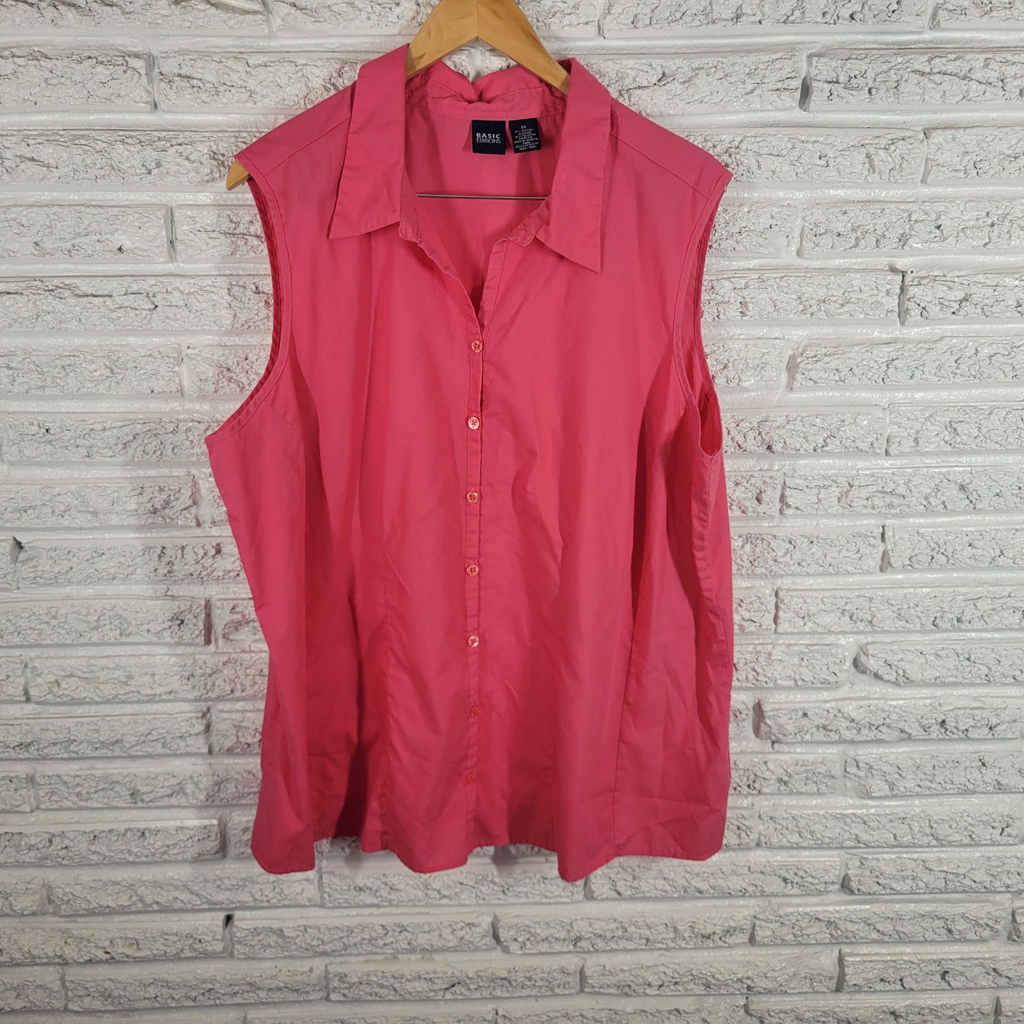 Basic Editions 2X Pink Button Up Shirt Sleeveless Cotton Blend Collared PIN29E