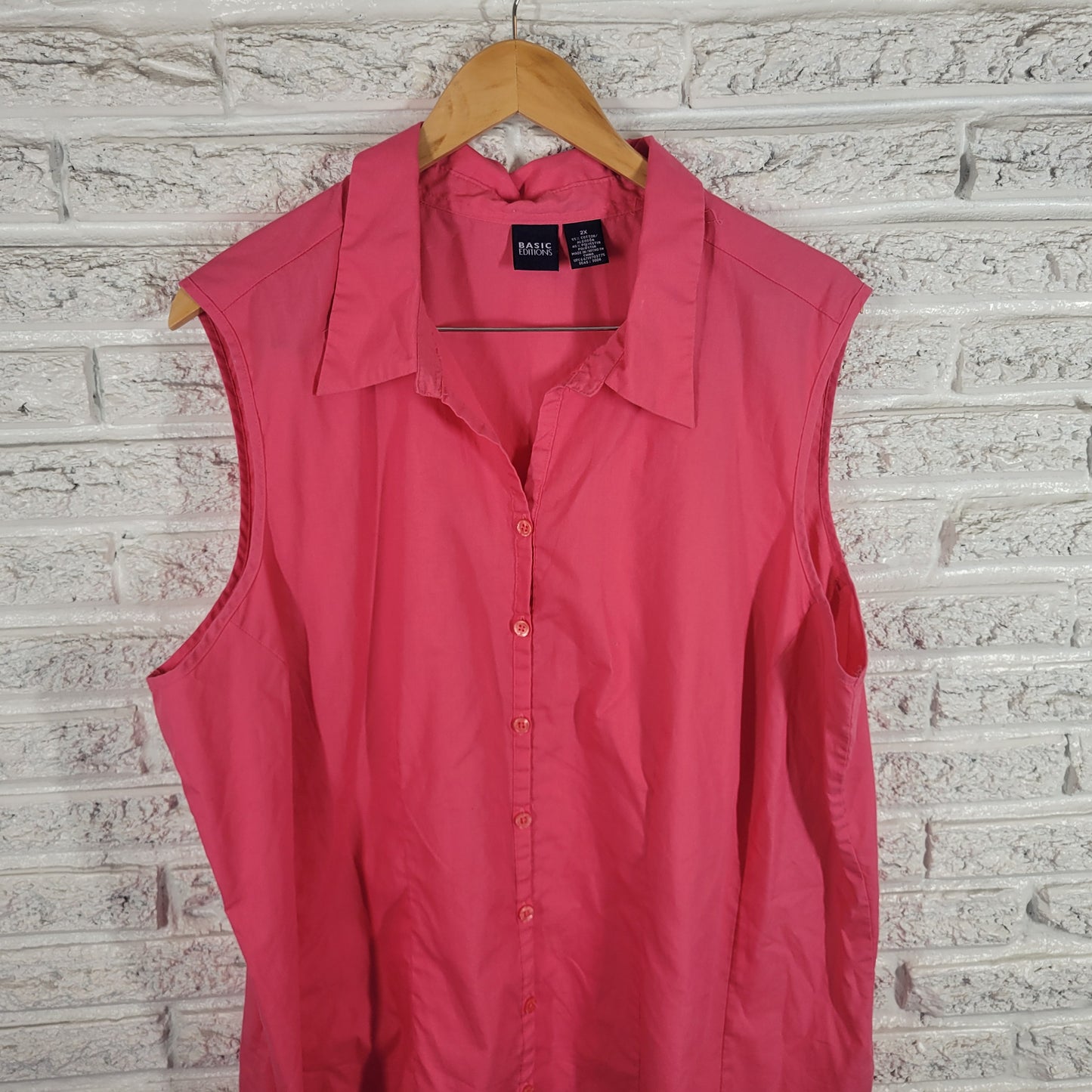 Basic Editions 2X Pink Button Up Shirt Sleeveless Cotton Blend Collared PIN29E