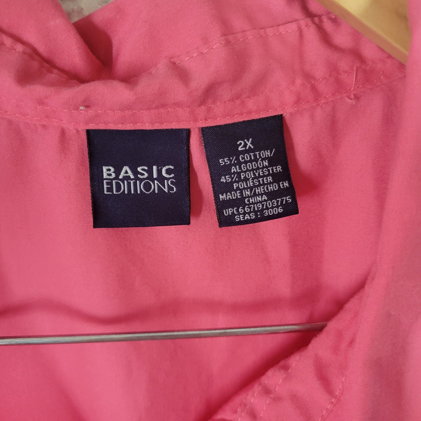 Basic Editions 2X Pink Button Up Shirt Sleeveless Cotton Blend Collared PIN29E