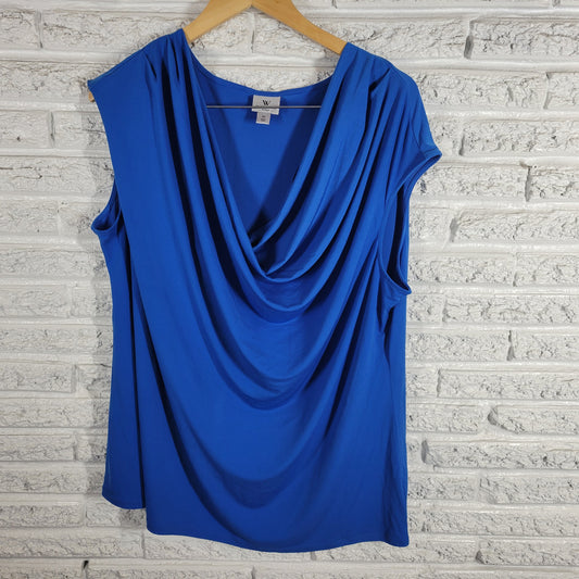 Worthington Womens Tunic Top 3X Blue Sleeveless Boat Neck Draped Plus BLU1XE