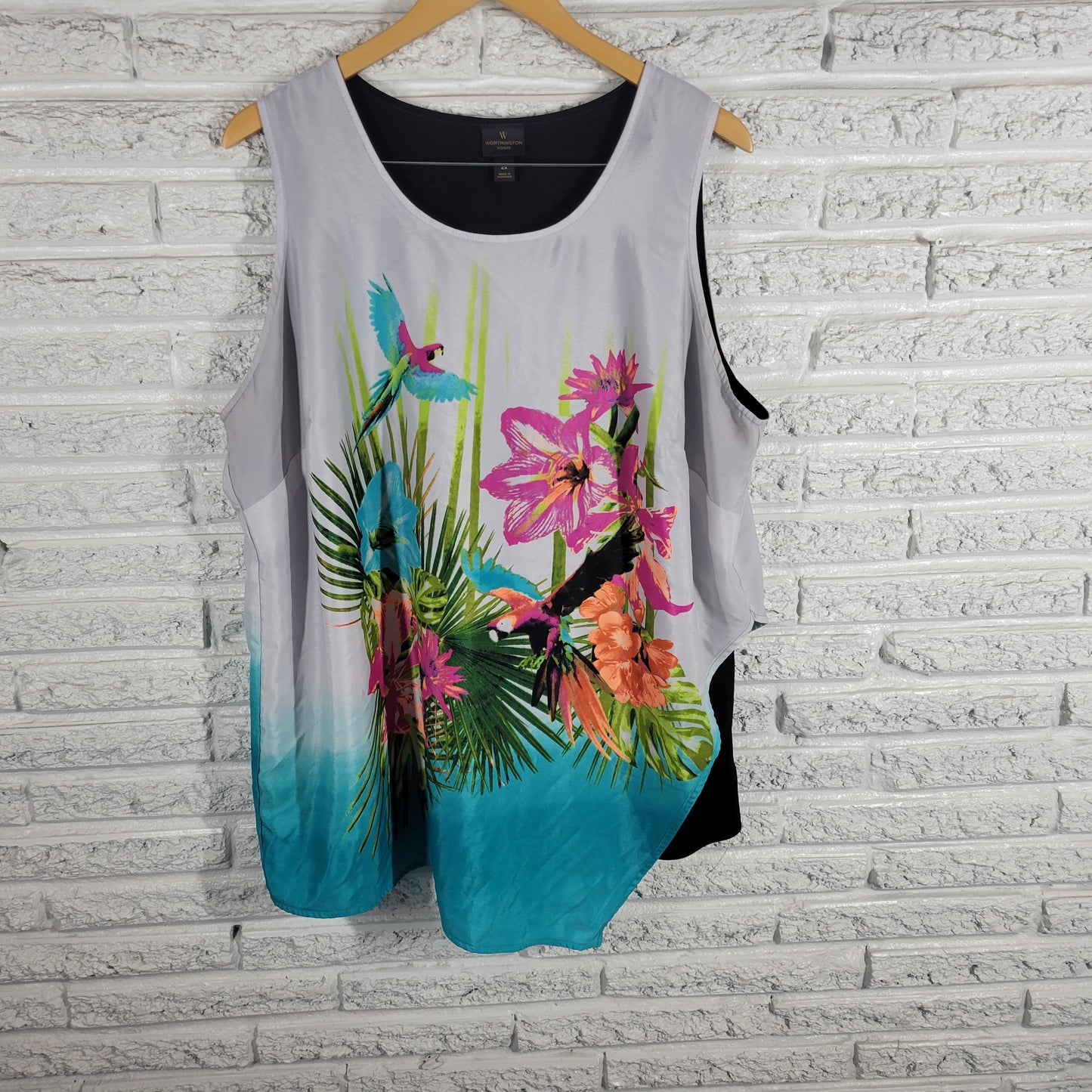 Worthington 2X Tunic Blouse Multicolor Parrot Floral Sleeveless Lined FLO151E