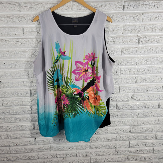 Worthington 2X Tunic Blouse Multicolor Parrot Floral Sleeveless Lined FLO151E