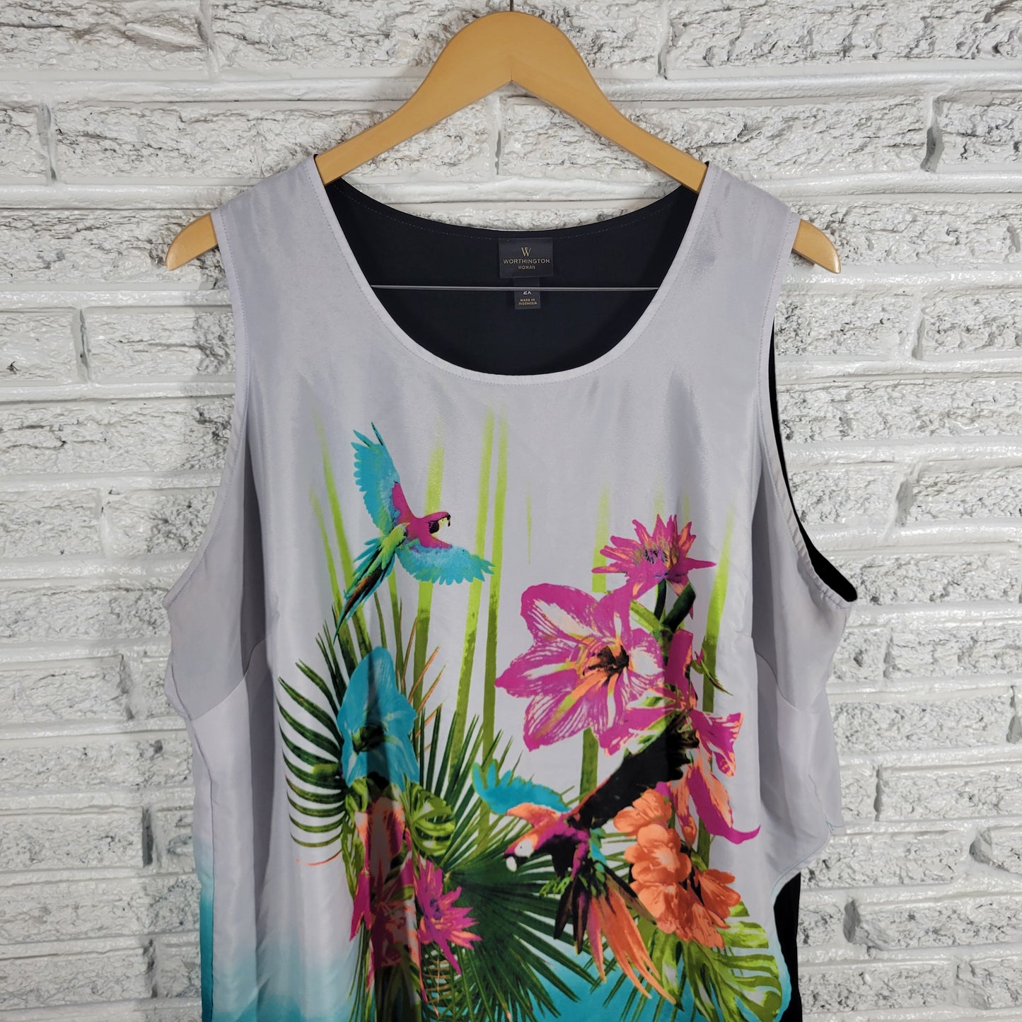Worthington 2X Tunic Blouse Multicolor Parrot Floral Sleeveless Lined FLO151E