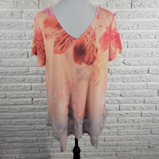Time & Tru XL Orange Pink Floral Rhinestone Crochet V-Neck Short Sleeve FLO51E