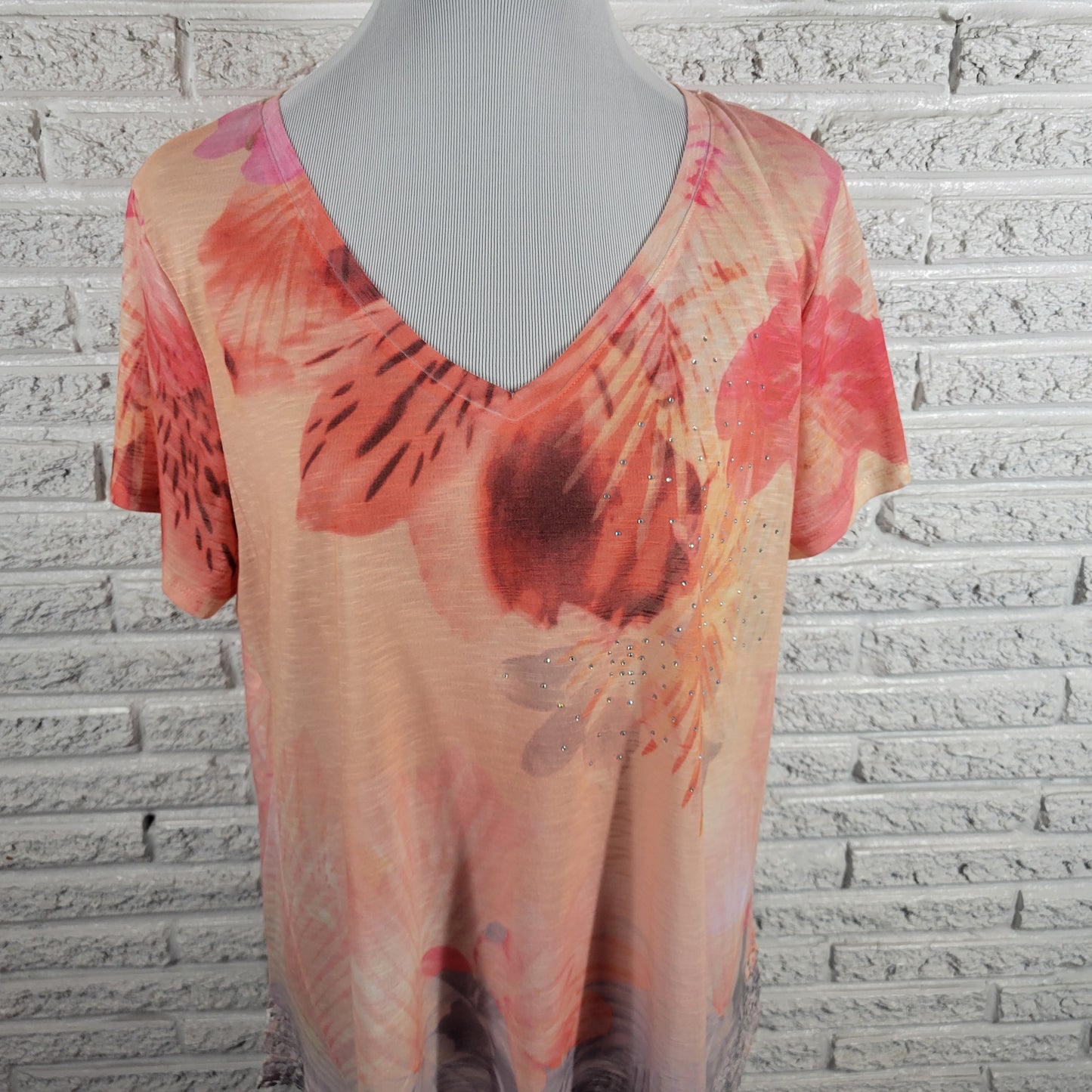 Time & Tru XL Orange Pink Floral Rhinestone Crochet V-Neck Short Sleeve FLO51E