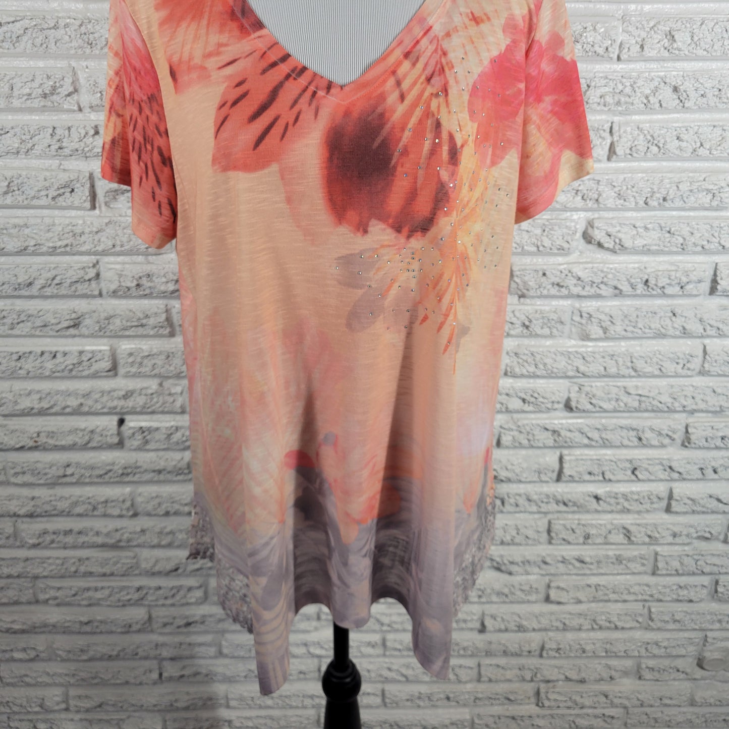 Time & Tru XL Orange Pink Floral Rhinestone Crochet V-Neck Short Sleeve FLO51E