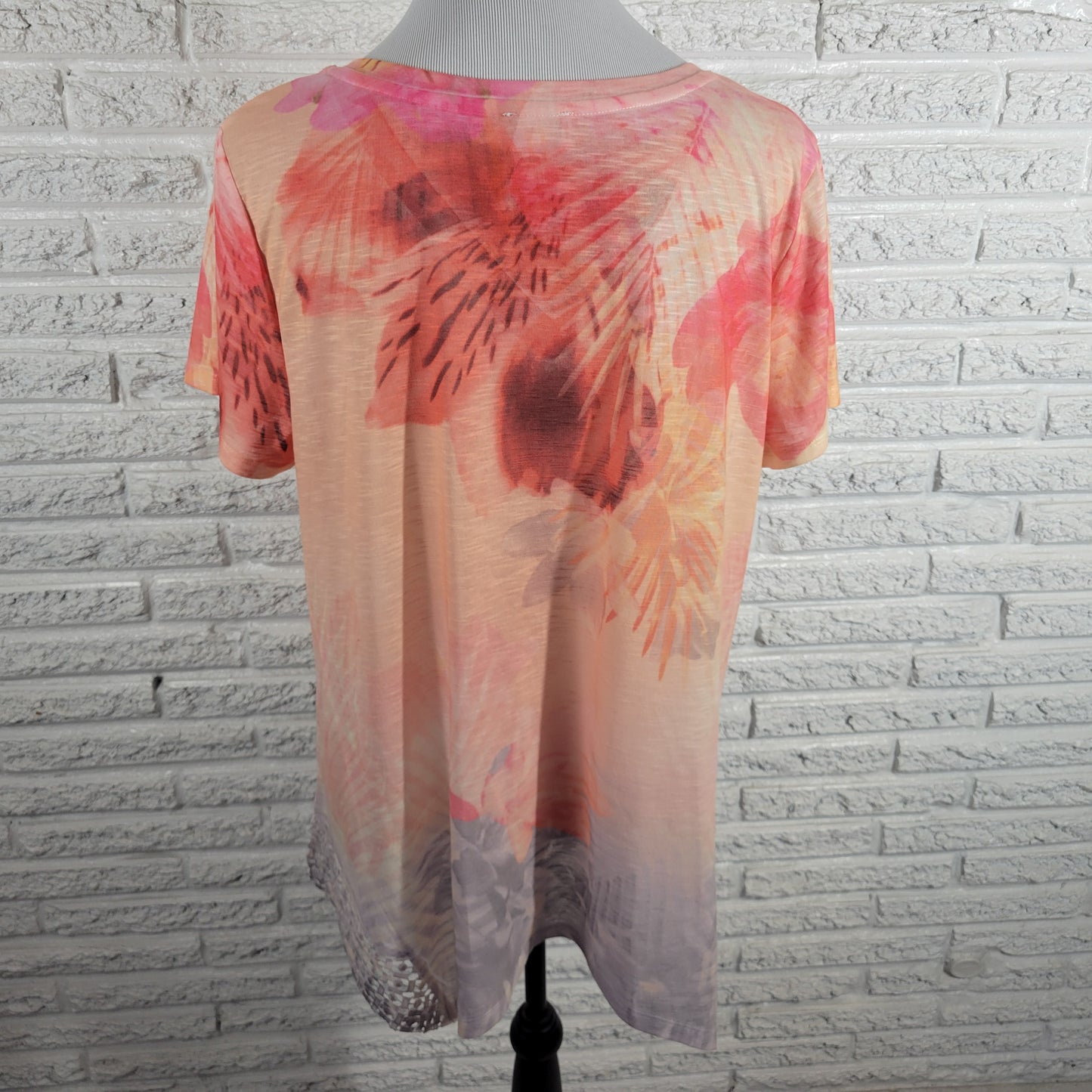 Time & Tru XL Orange Pink Floral Rhinestone Crochet V-Neck Short Sleeve FLO51E