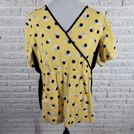 Cherokee Scrub Top XL Yellow Black Polka Dot Stretch Panels Unisex GEO86E