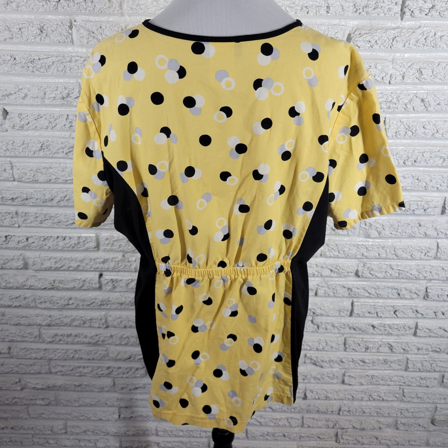 Cherokee Scrub Top XL Yellow Black Polka Dot Stretch Panels Unisex GEO86E