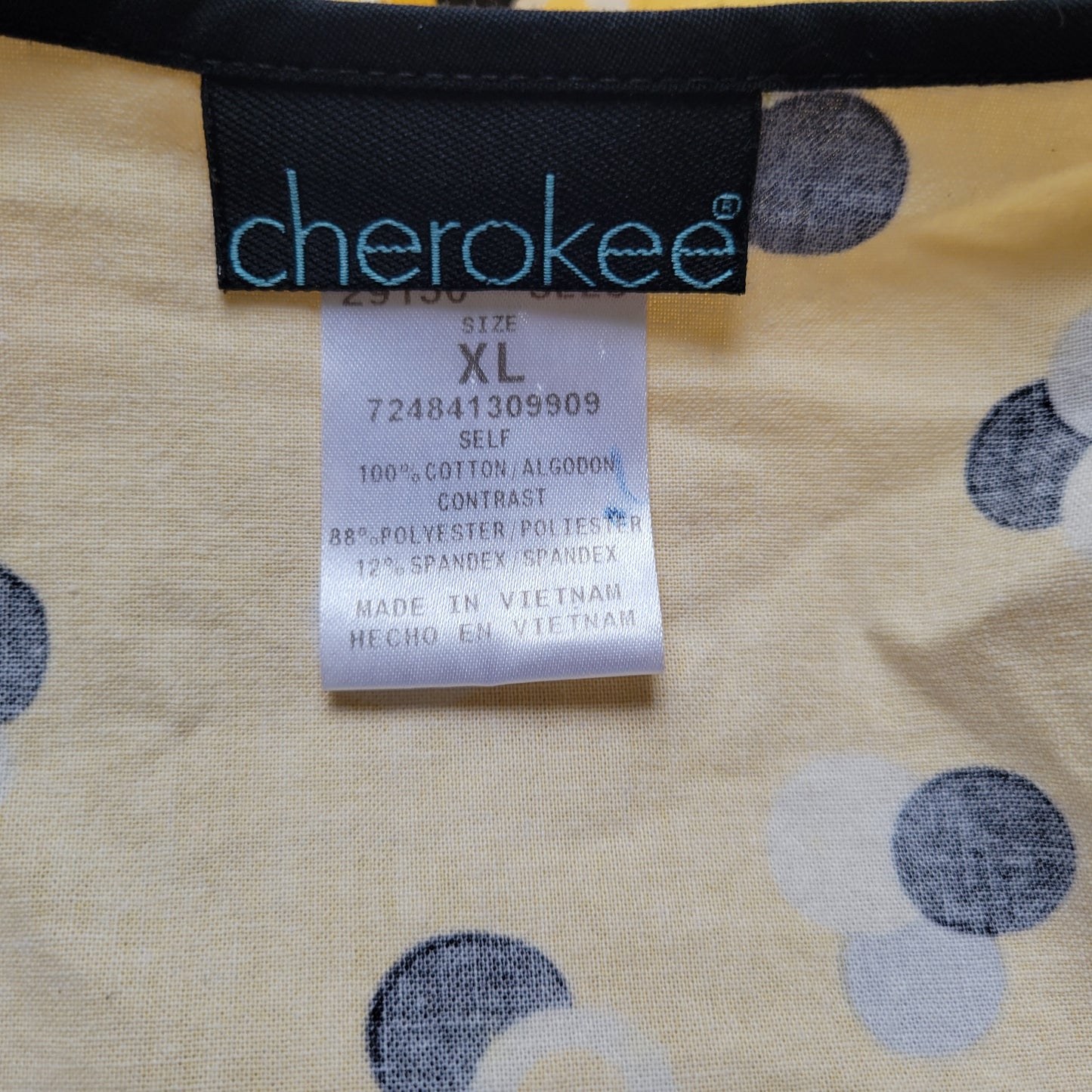 Cherokee Scrub Top XL Yellow Black Polka Dot Stretch Panels Unisex GEO86E