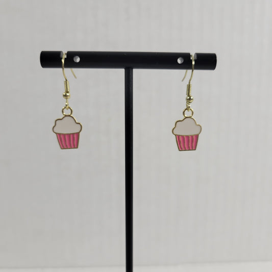 Cupcakes Earrings One Pair Gold Tone Pink Fish Hook Dangle Hanging Novelty