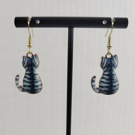 Cat Kitten Earrings Blue Tabby Gold Tone Fish Hook Dangle Hanging Novelty