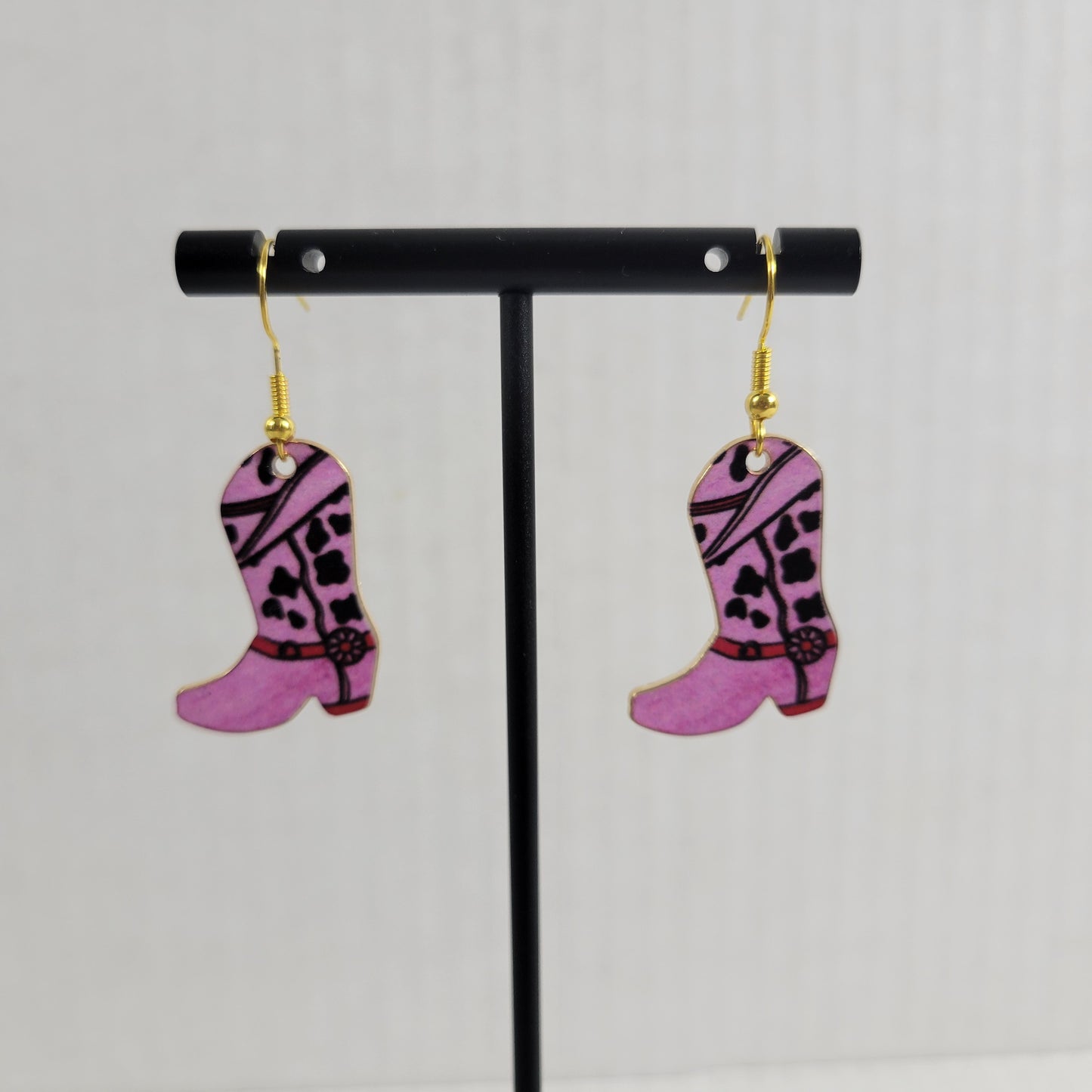 Pink Floral Cowgirl Boot Earrings Gold Tone Western Rodeo Dangle Drop Jewelry