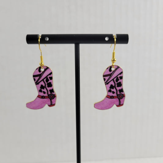 Pink Floral Cowgirl Boot Earrings Gold Tone Western Rodeo Dangle Drop Jewelry