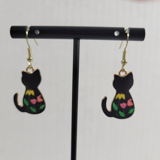 Cats Kittens Earrings One Pair Black Tulip Fish Hook Dangle Hanging Gold Tone