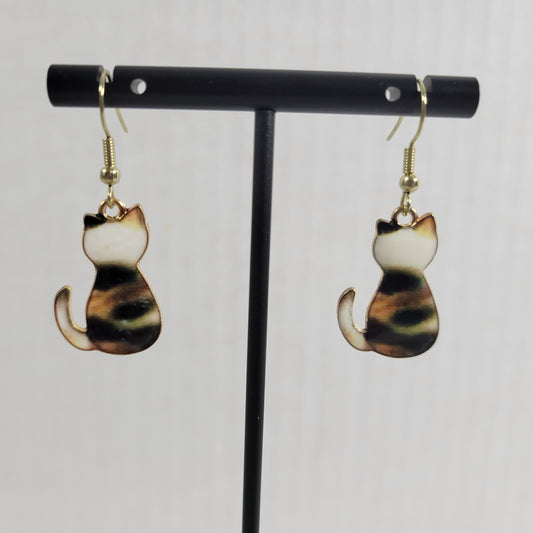 Cats Kitten Earrings One Pair Calico Gold Tone Hanging Dangle Fish Hook Novelty