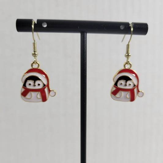 Santa Claus Penguins Earrings Christmas Gold Tone Fish Hook Holiday Winter